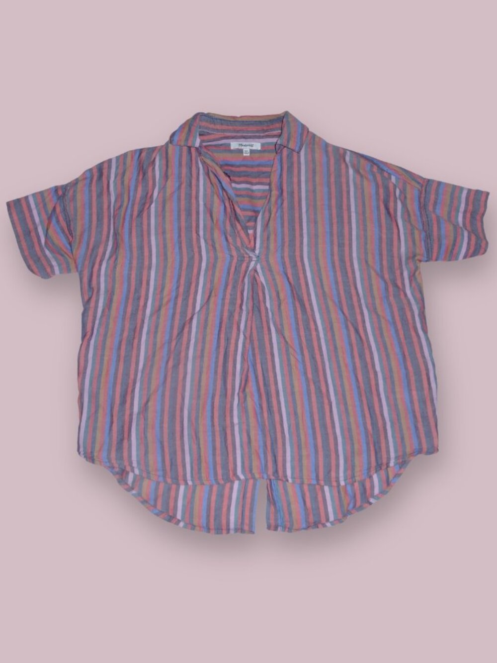 Madewell Courier Button-Back Rainbow Stripe Top High-Low V-Neck Collared Top